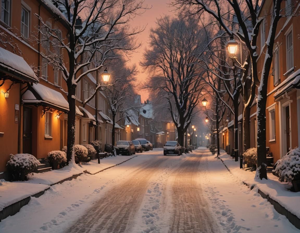 Narrow Winter Street Scene Under Vibrant Sunset