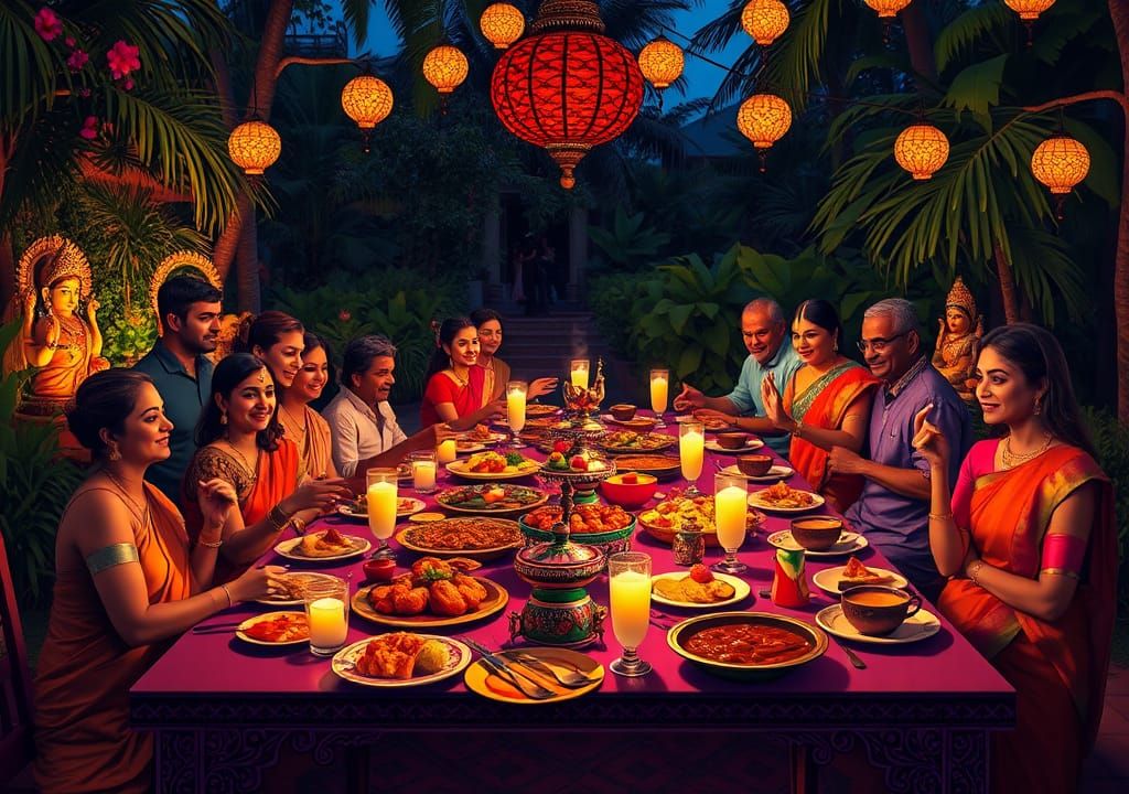 Vibrant Indian Feast in Lush Garden Setting