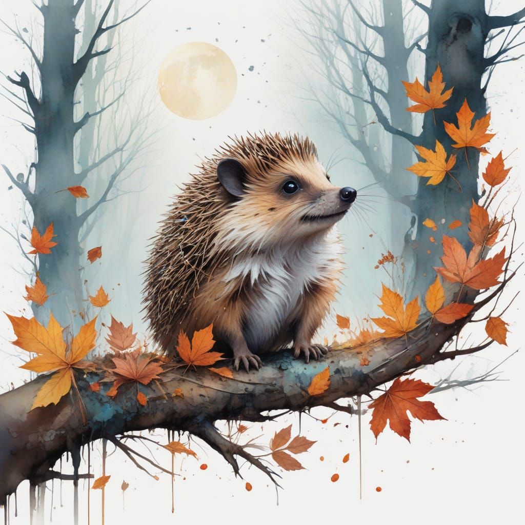 Hedgehog's Moonlit Autumn: Whimsical Watercolor Scene