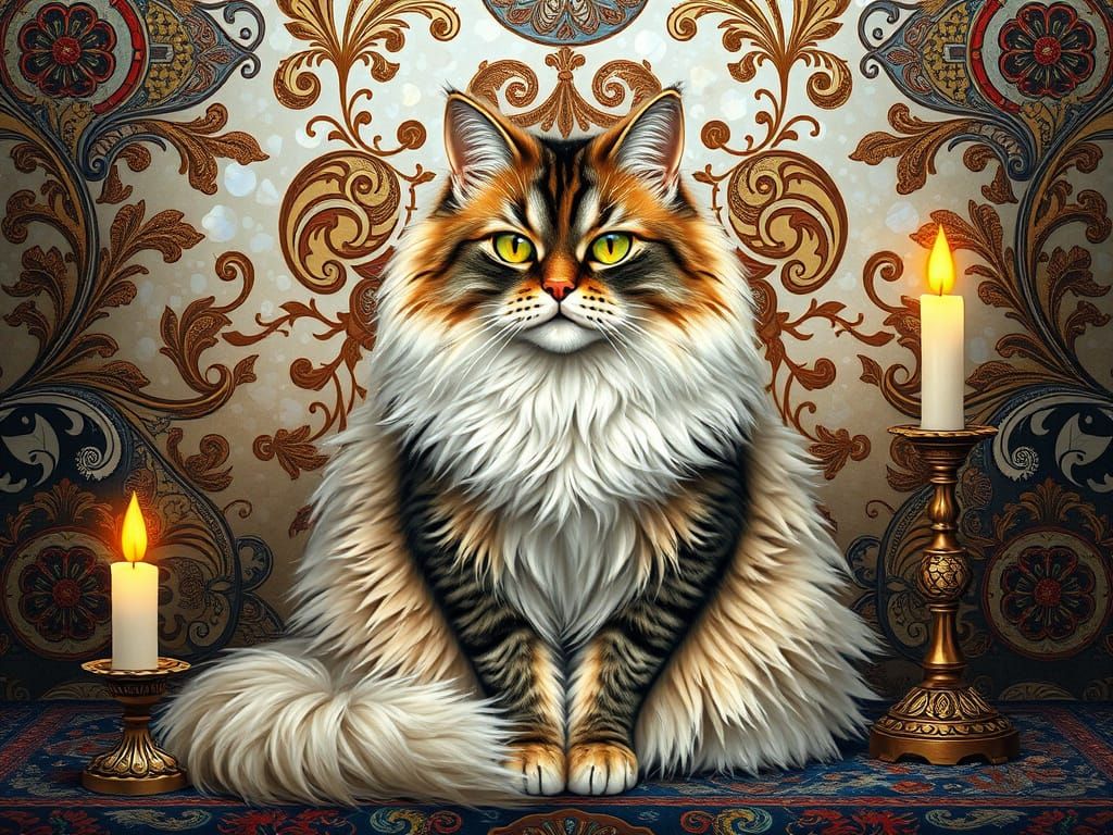 Regal Persian Cat in Opulent Miniature Painting Style