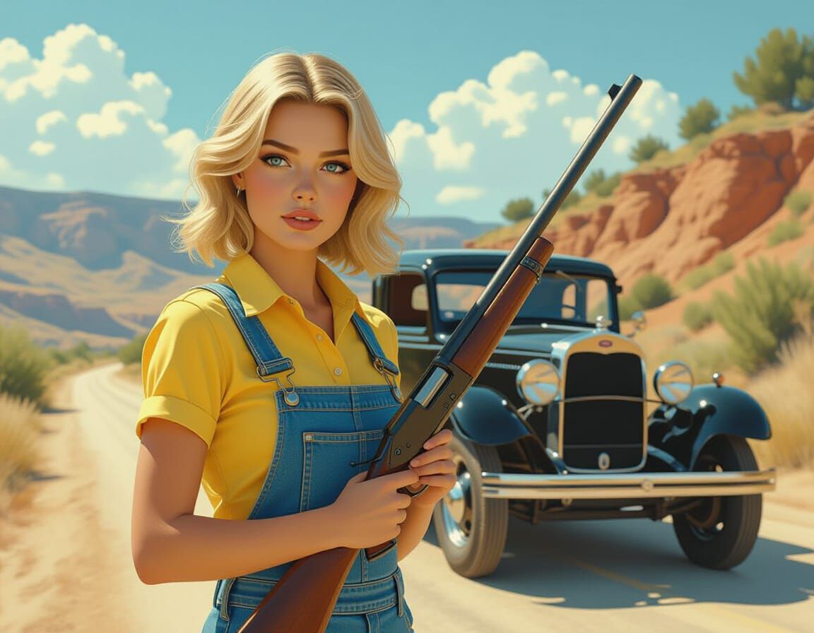 Young Woman with Rifle on Desolate Road
