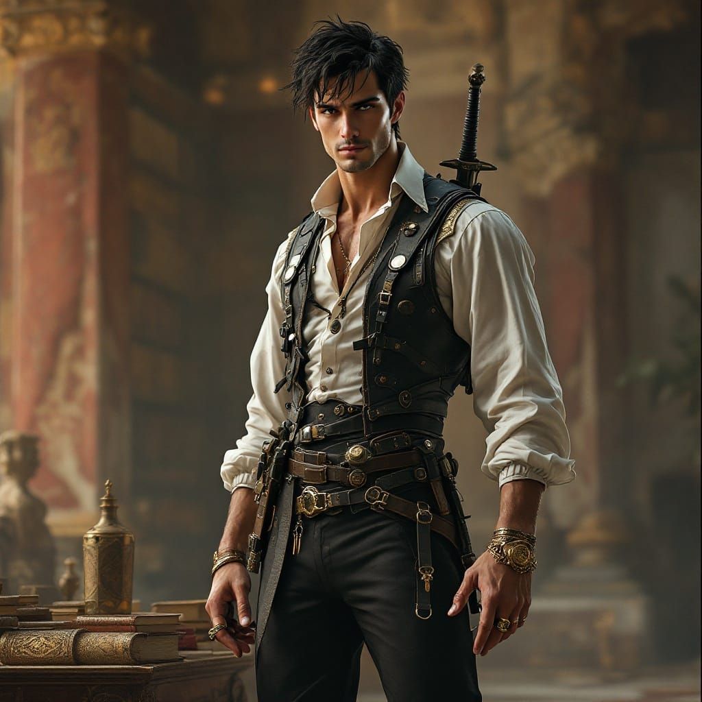 Renaissance Swordsman in Futuristic Library