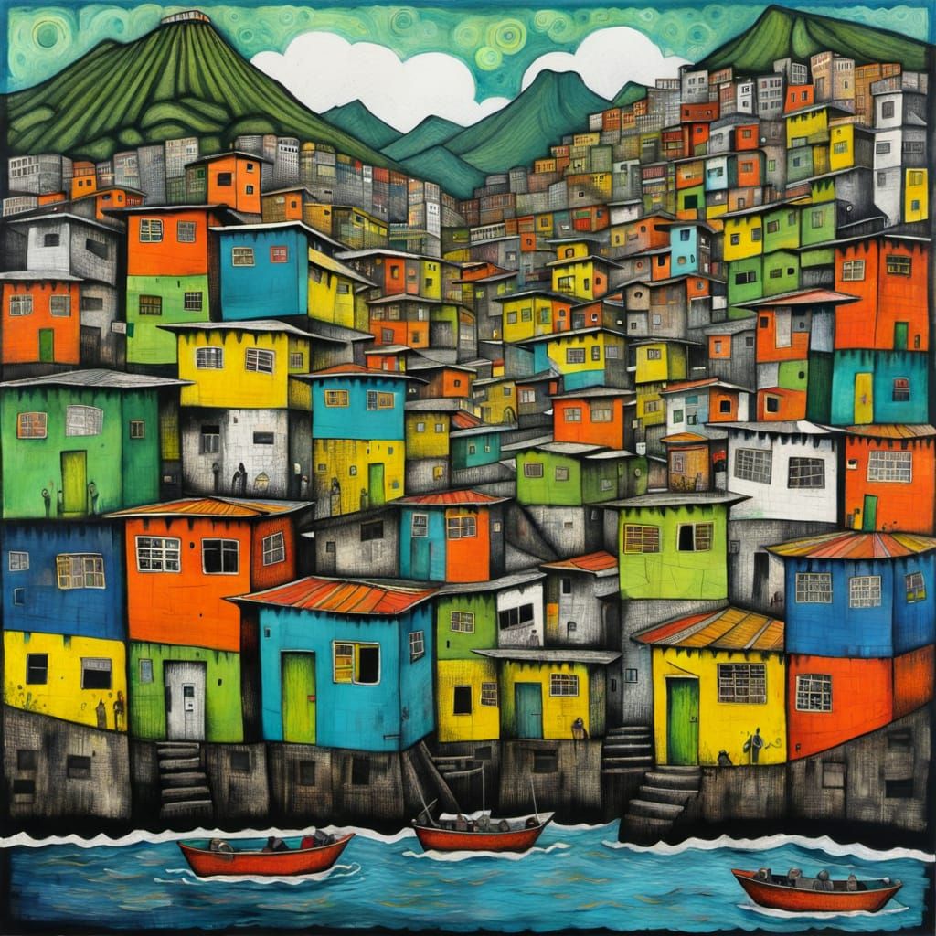 Rocinha Favela in Vibrant Oil-Based Ink and Graphite