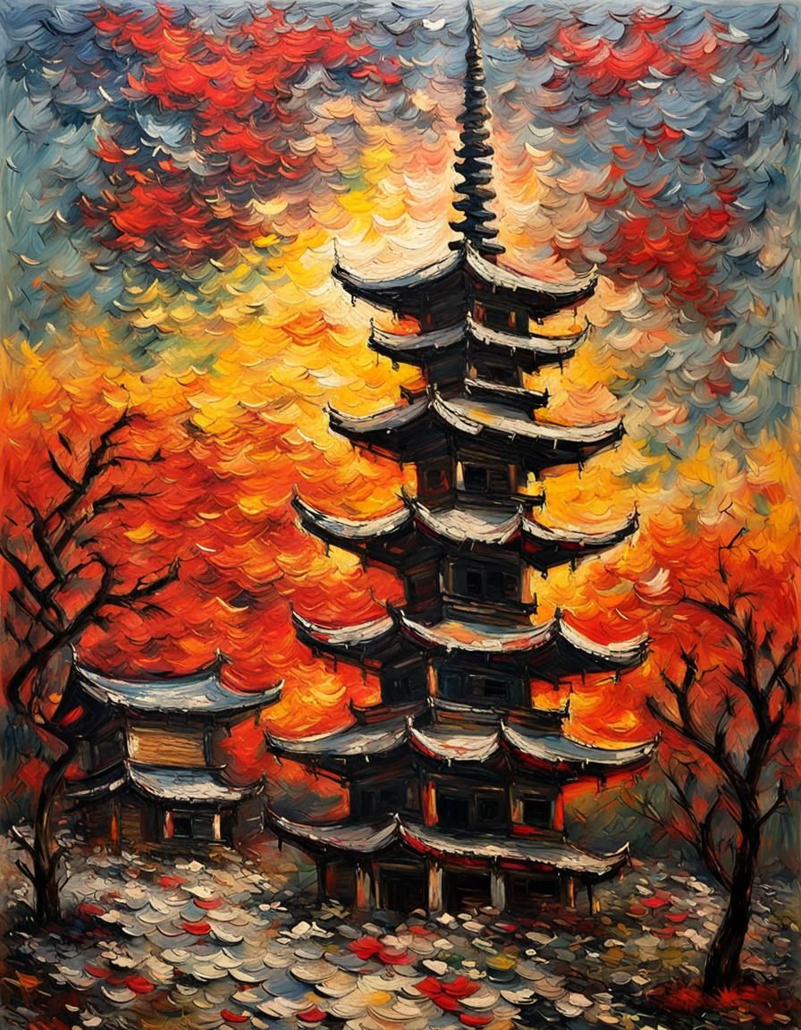 Japanese Pagoda Sunrise in Impasto Oil Painting Style