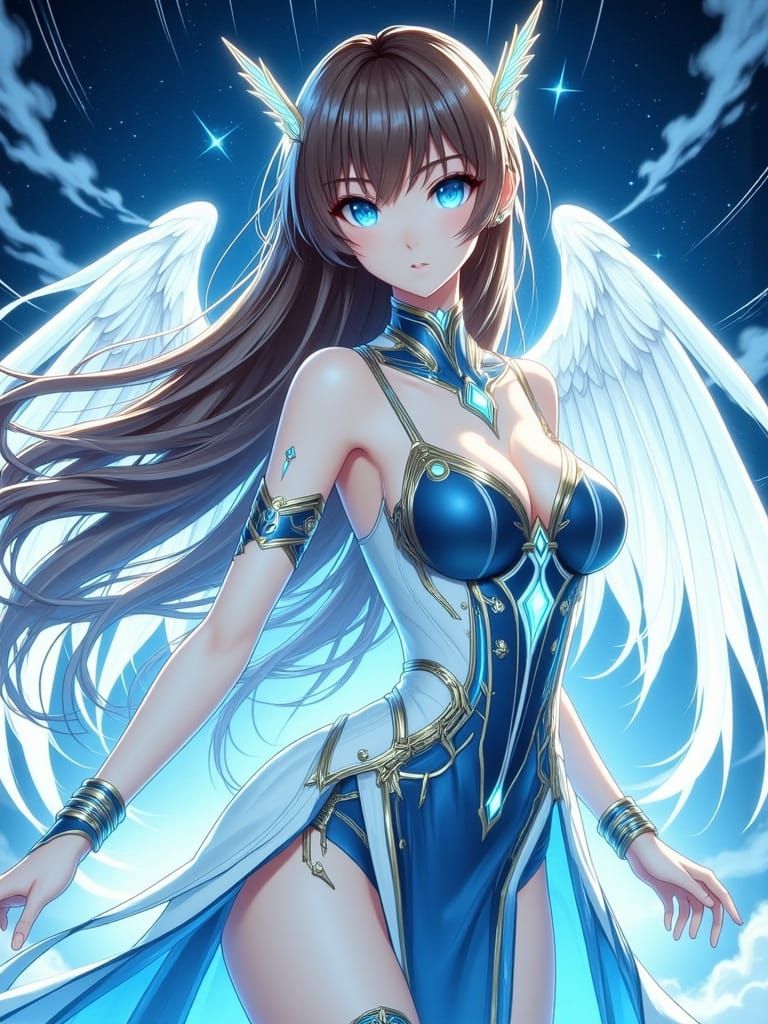 Hyperrealistic Anime Goddess Belldandy, light skin Asian with long brown hair, small blue diamond shaped tattoo on cente...