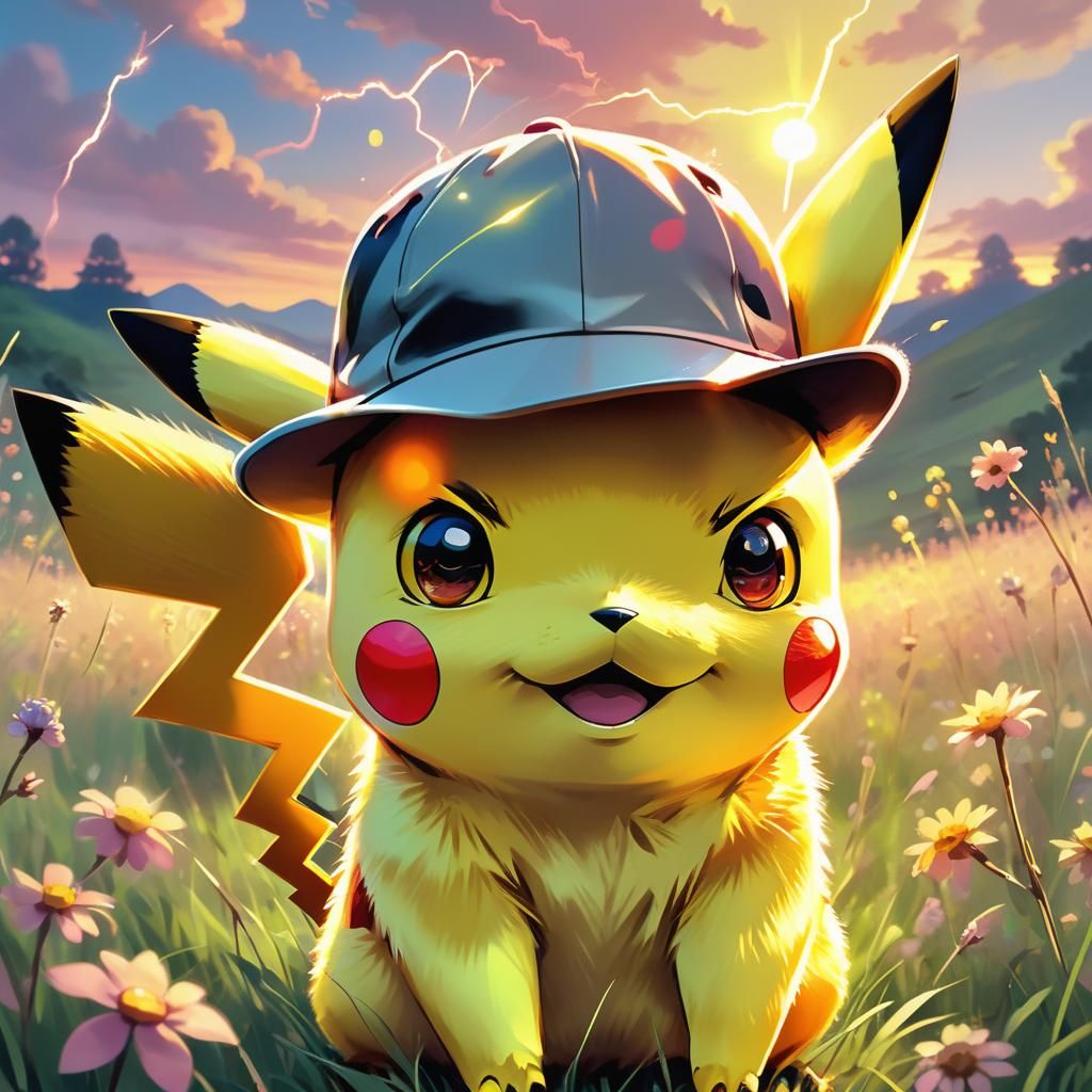 Pikachu in Peaceful Meadow: Cel-Shaded Anime Art