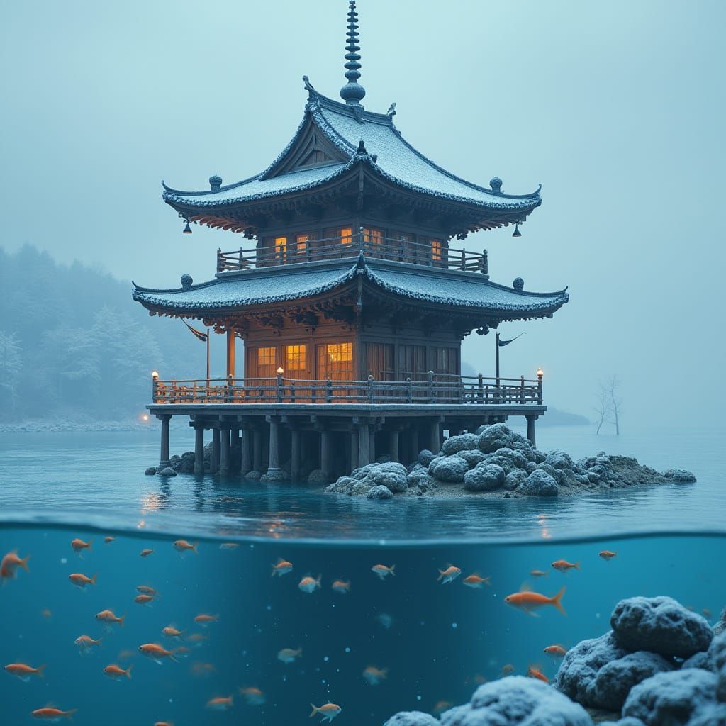 Whimsical Pagoda in Crystalline Winter Sea with Bioluminesce...