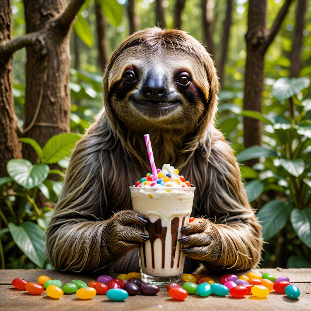 Sloth Enjoying a Sweet Milkshake with Jelly Beans in Colorfu...