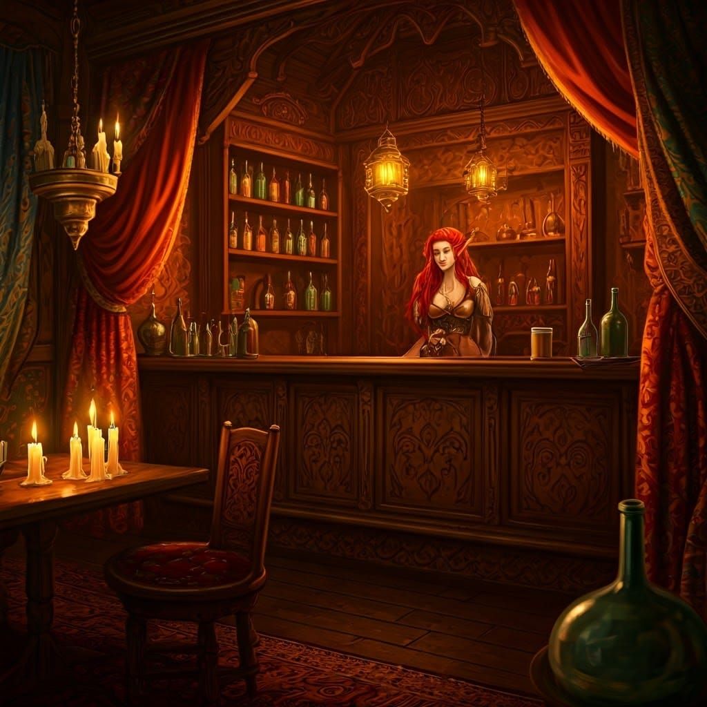 Lively Medieval Tavern Interior with Elf Barmaid