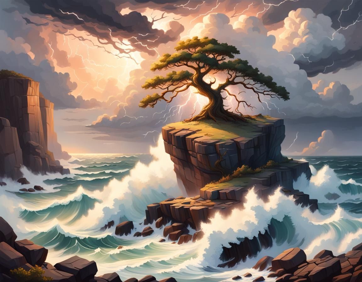 Oak Tree Survives Hurricane on Rocky Cliff