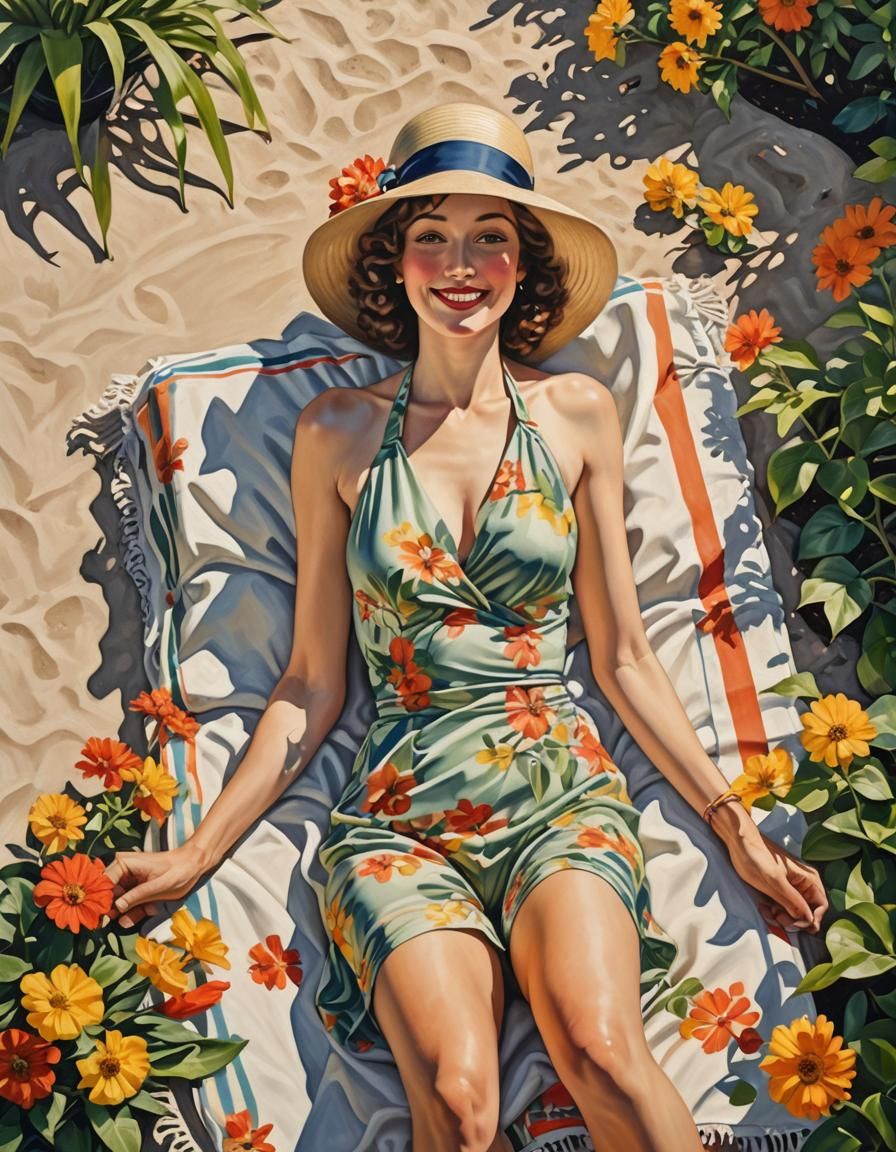 Vintage Woman Relaxing in Backyard with Flowers