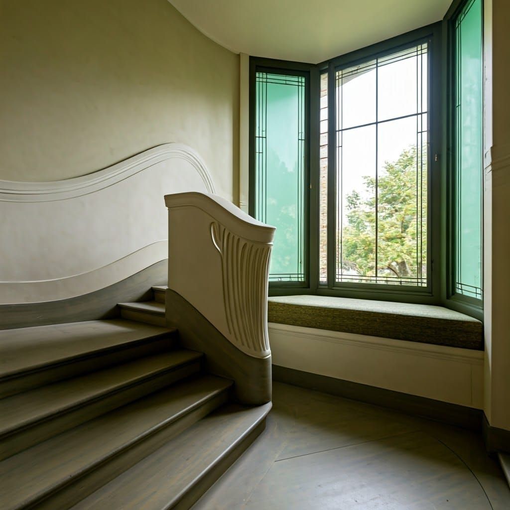 Elegant Art Nouveau-Inspired Staircase with Curved Window Se...