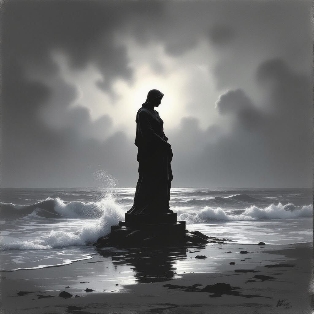 Weathered Statue on Desolate Shore at Twilight