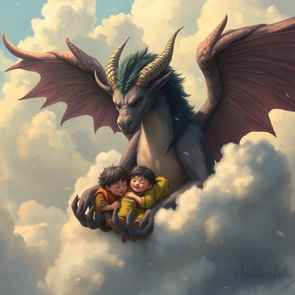 A horned sky beast that cradles orphans in its wings