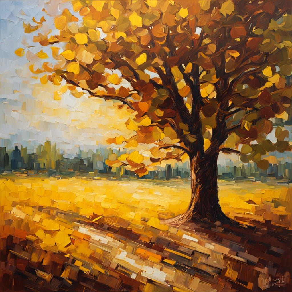 Neo-Impressionist Tree in Field with Impasto Brushstrokes