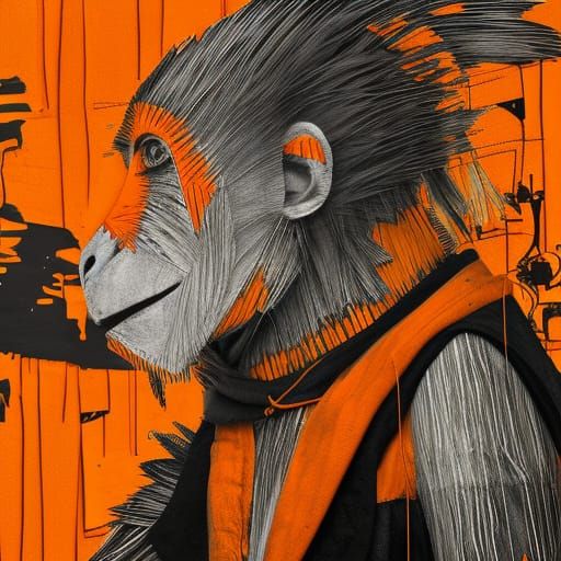 Orange Monkey Collage in Mixed Media
