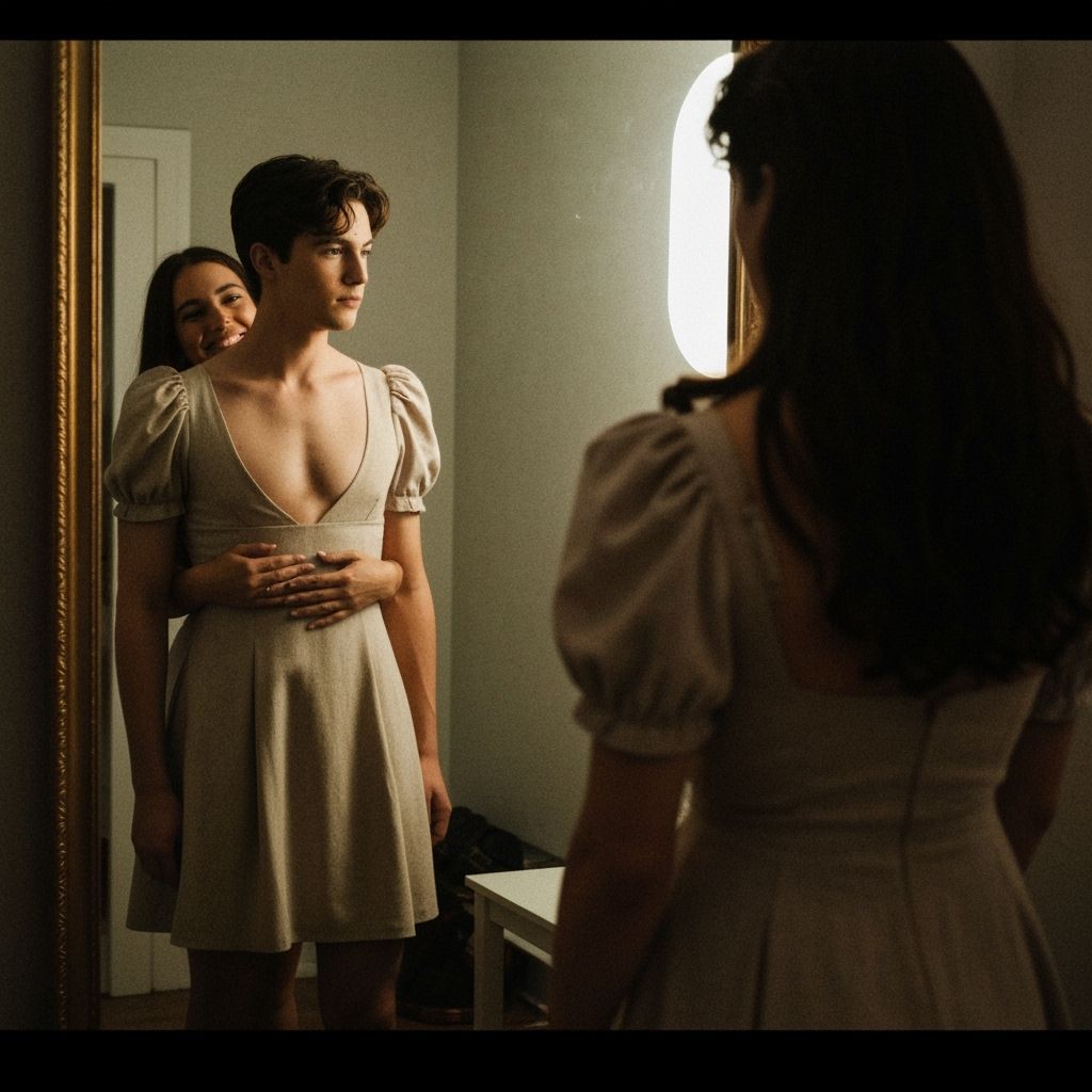 Man Admires Reflection in Minidress, Romantic Moment