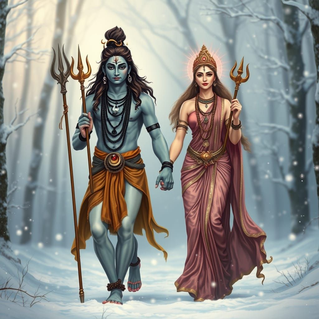 Divine Couple in Mystical Snow-Covered Forest