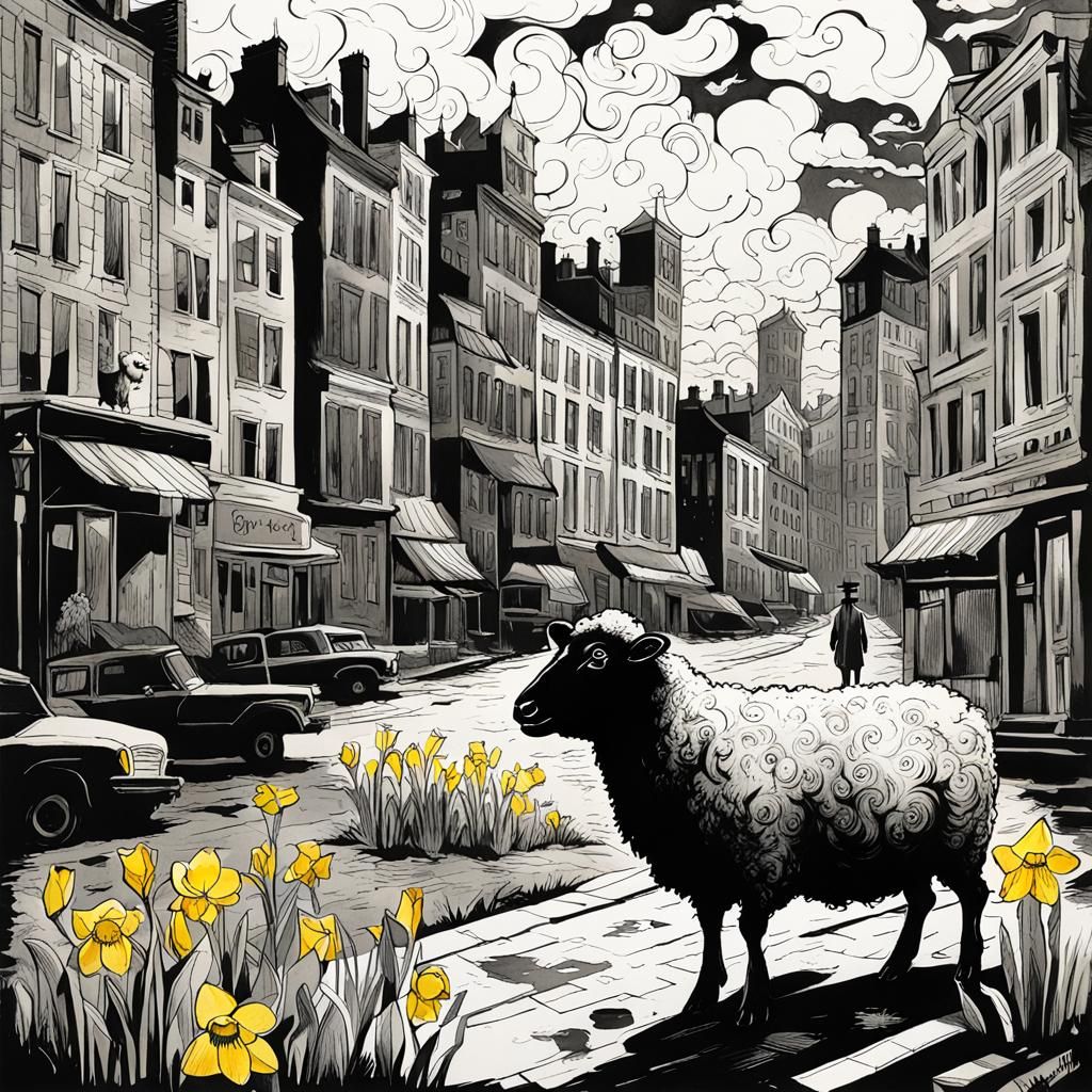 Detective Sheep in Noir City, Ink Art