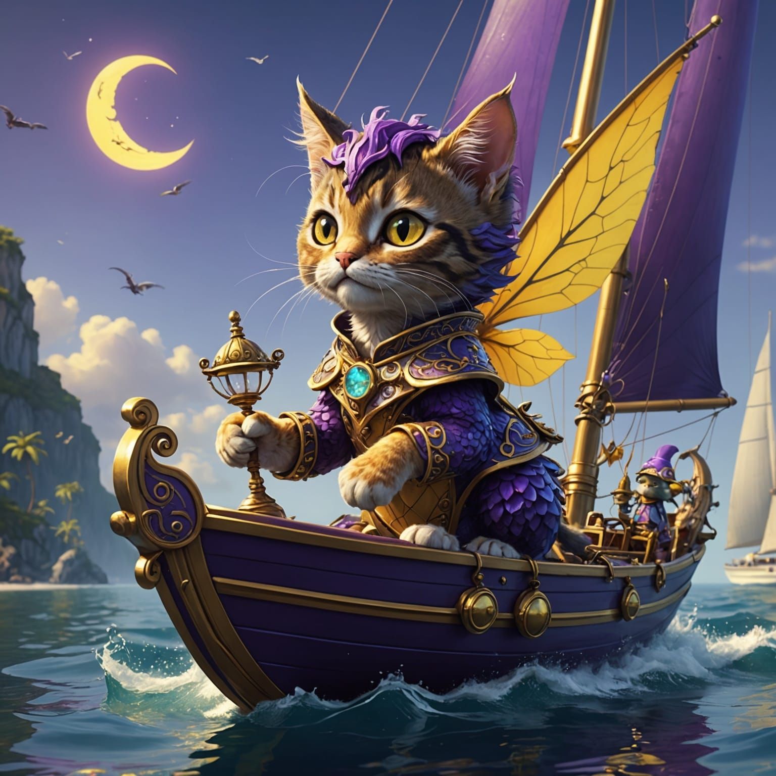Fairy Cat Sails Yacht Pulled by Seahorse Dragons