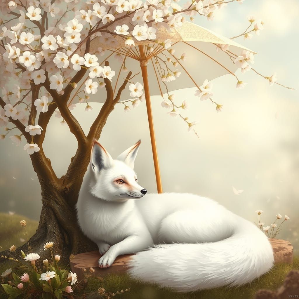 a serene scene featuring a white fox peacefully resting bene...