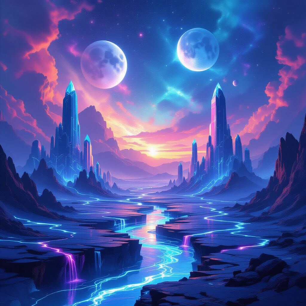 Alien Planet Vista with Crystal Structures and Nebula Sky