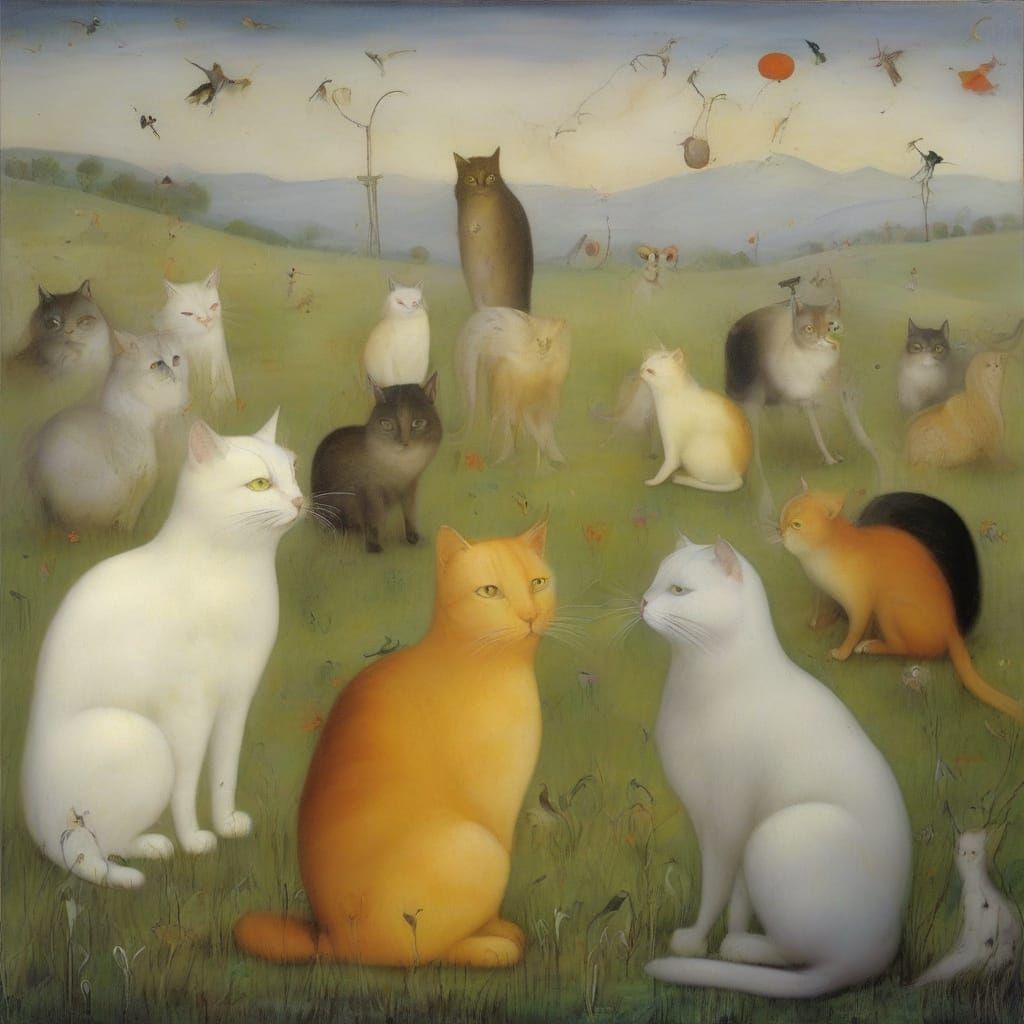 Surreal Cats Singing in Misty Fields