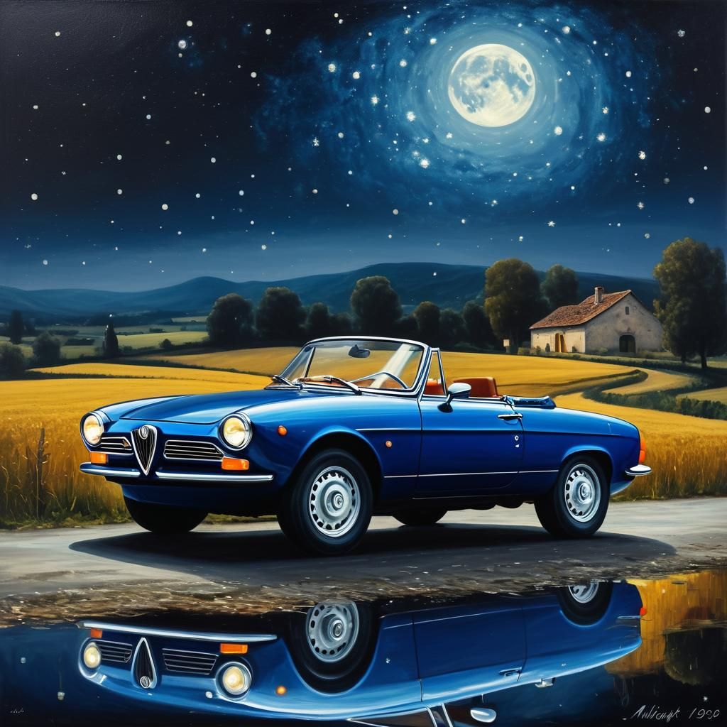 Blue Alfa Romeo Spider in Starry Countryside: Rembrandt Styl...
