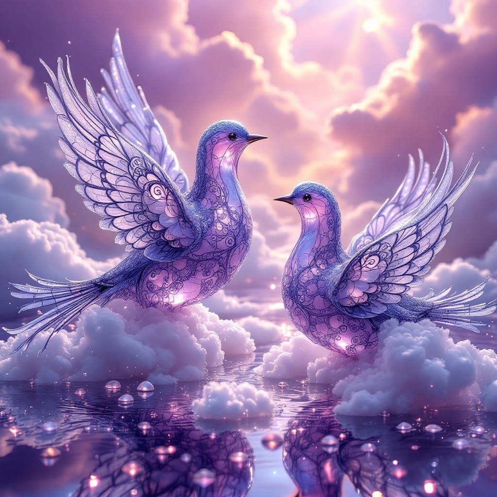 Iridescent Glass Birds with Lace Patterns in Fractal Art