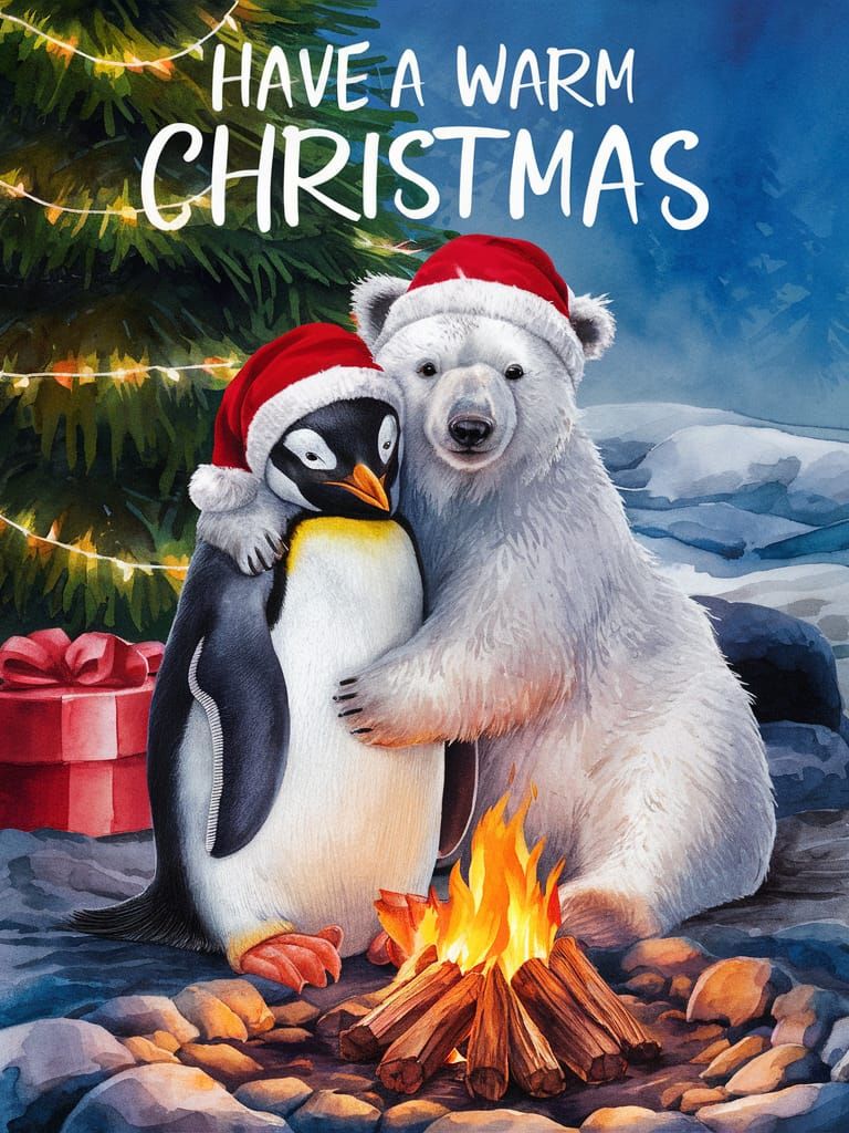 Penguin and Polar Bear Christmas Card Watercolor