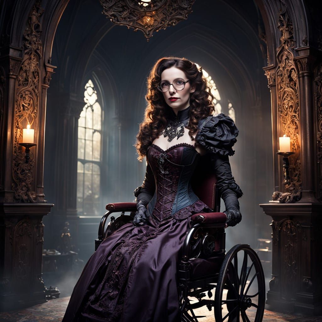 Cyber Gothic Woman in Victorian Corset, Wheelchair, and Dark...