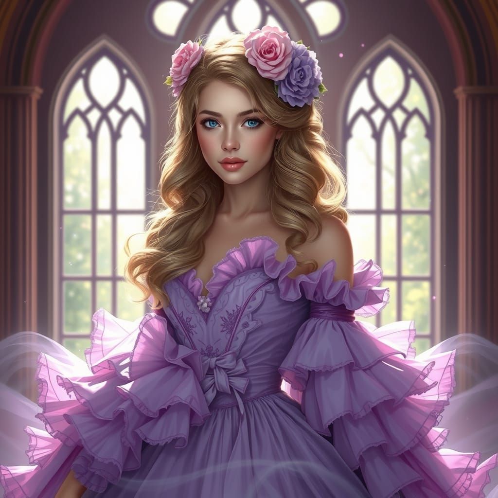 Elegant Lady in Lavender Gown, Ruffles and Florals, Romantic...