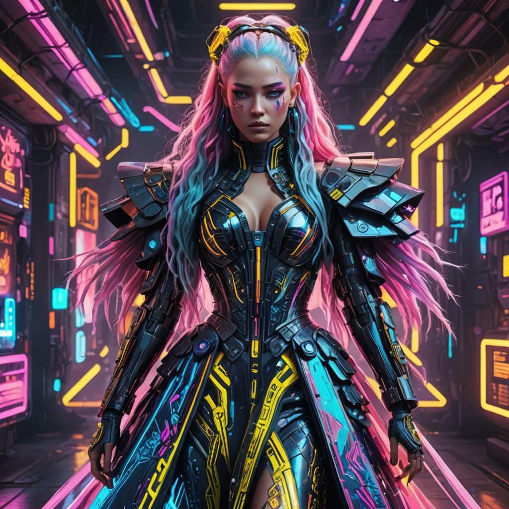 Futuristic Cyborg Queen in Neon Cyberpunk Style