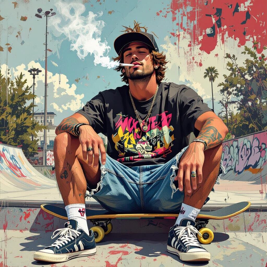 Skateboarder's Break: Urban Scene in Bold, Gritty Style