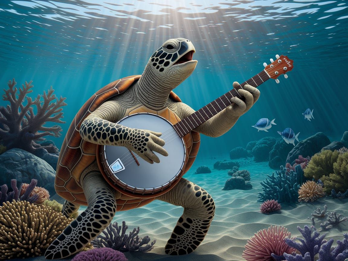 Sea Turtle Sings and Plays Banjo, Classical Painting
