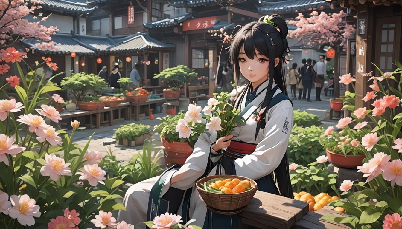 Cheerful Woman Buys Flowers: 3D Anime Art