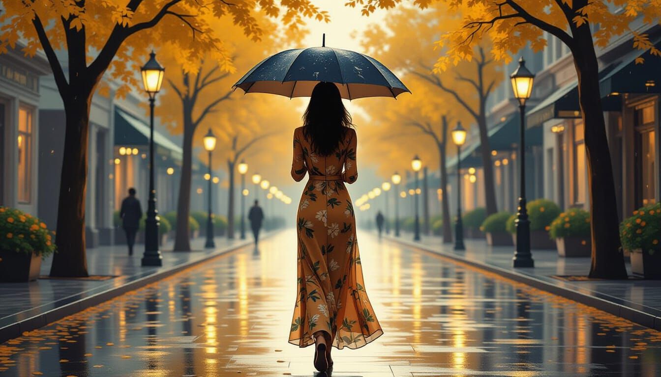 Woman with Umbrella on Serene City Street at Dusk