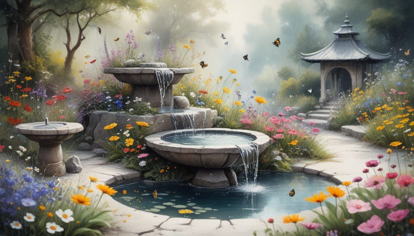 Whimsical Zen Garden Scene in Vibrant Soot Painting Style