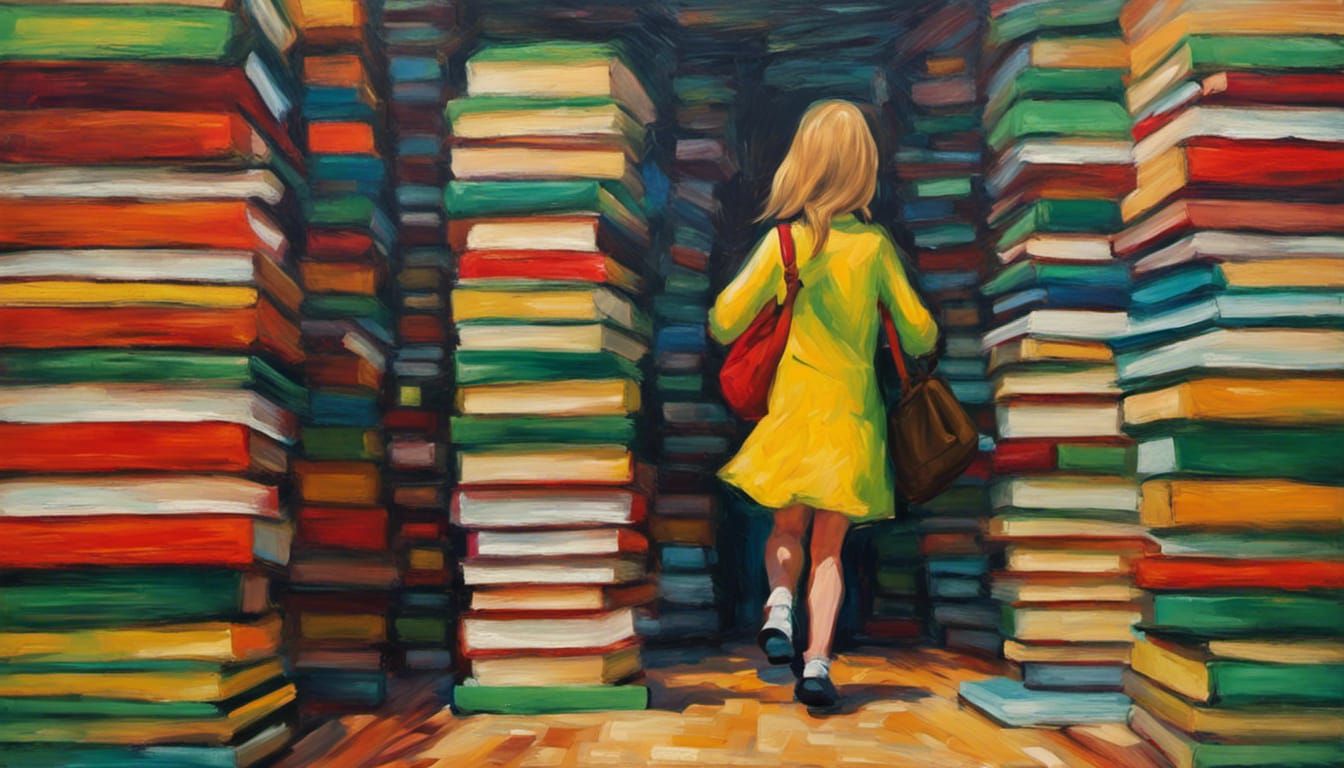 Girl Walks Among Books in Neo-Impressionist Style