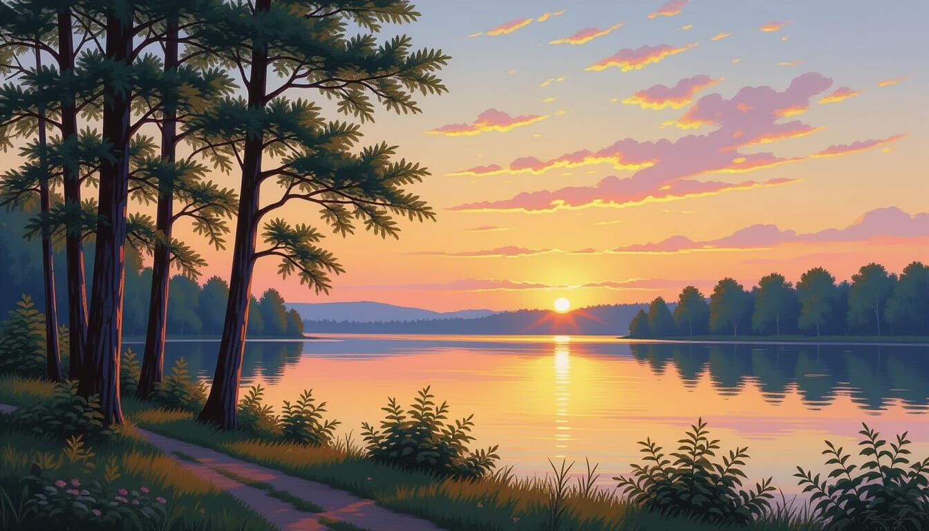 Serene Village Lake Sunset in Hudson River School Style