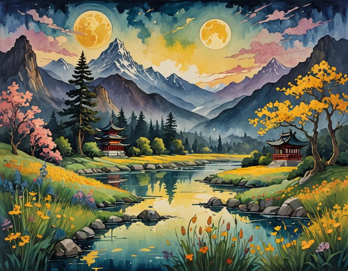 Wildflower Meadow Under Yellow Moon, as Impasto Painting