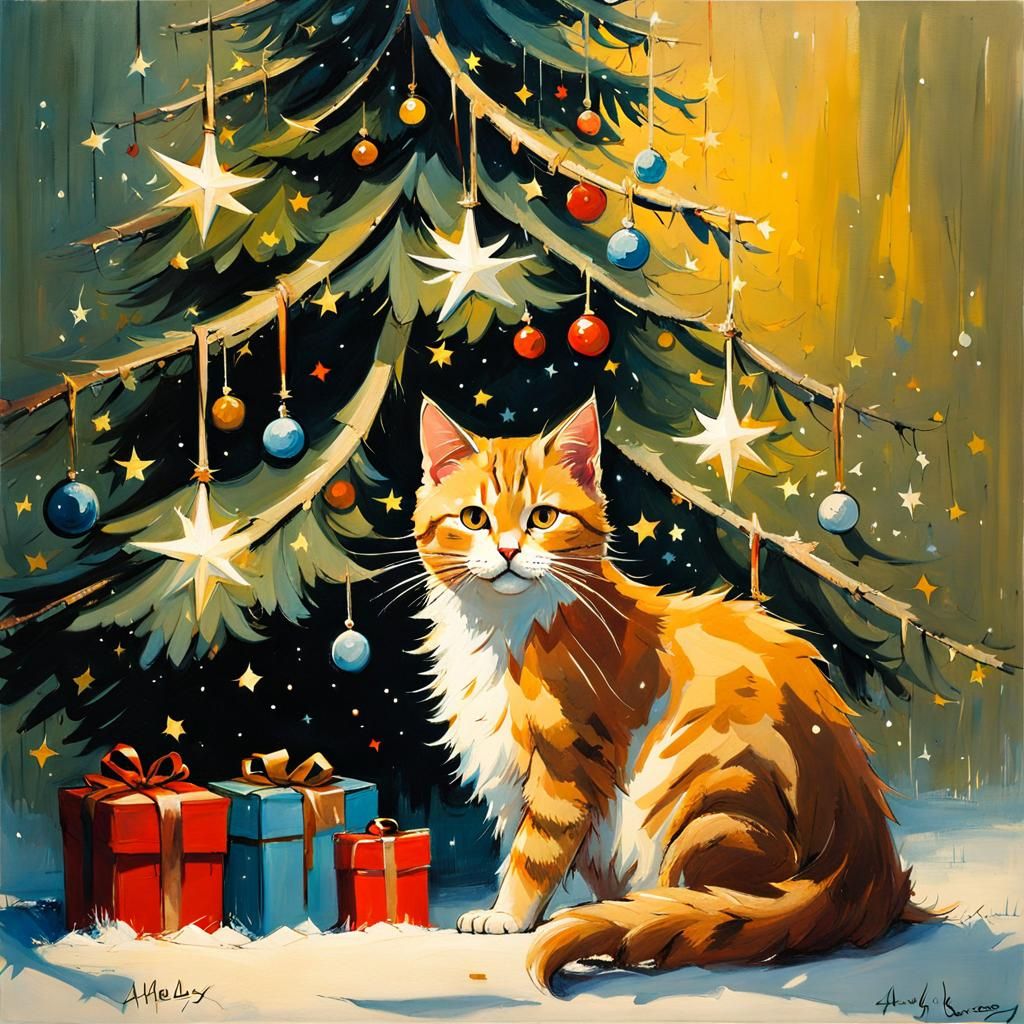 Festive Christmas Tree Cat in Whimsical Style