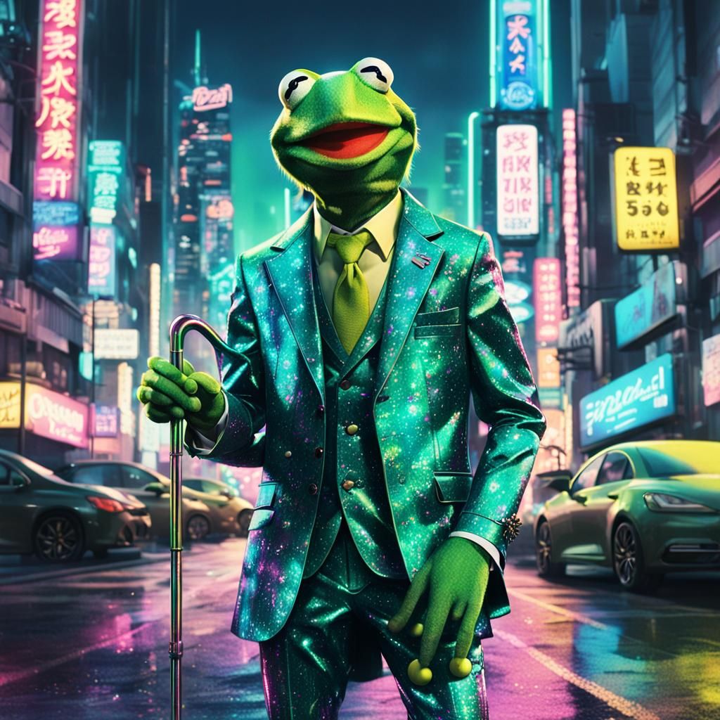 Cyberpunk Pimp Frog in Neon Cityscape