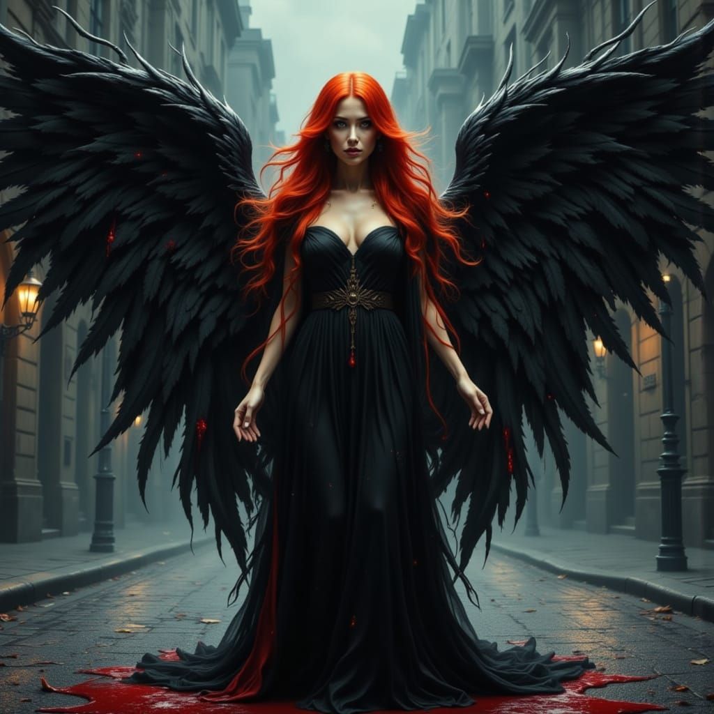 Fallen Angel with Black Wings and Blood Stains