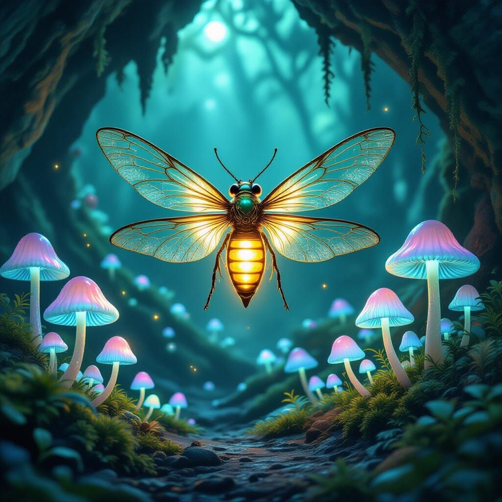 Steampunk Firefly Illuminates Bioluminescent Mushroom Colony