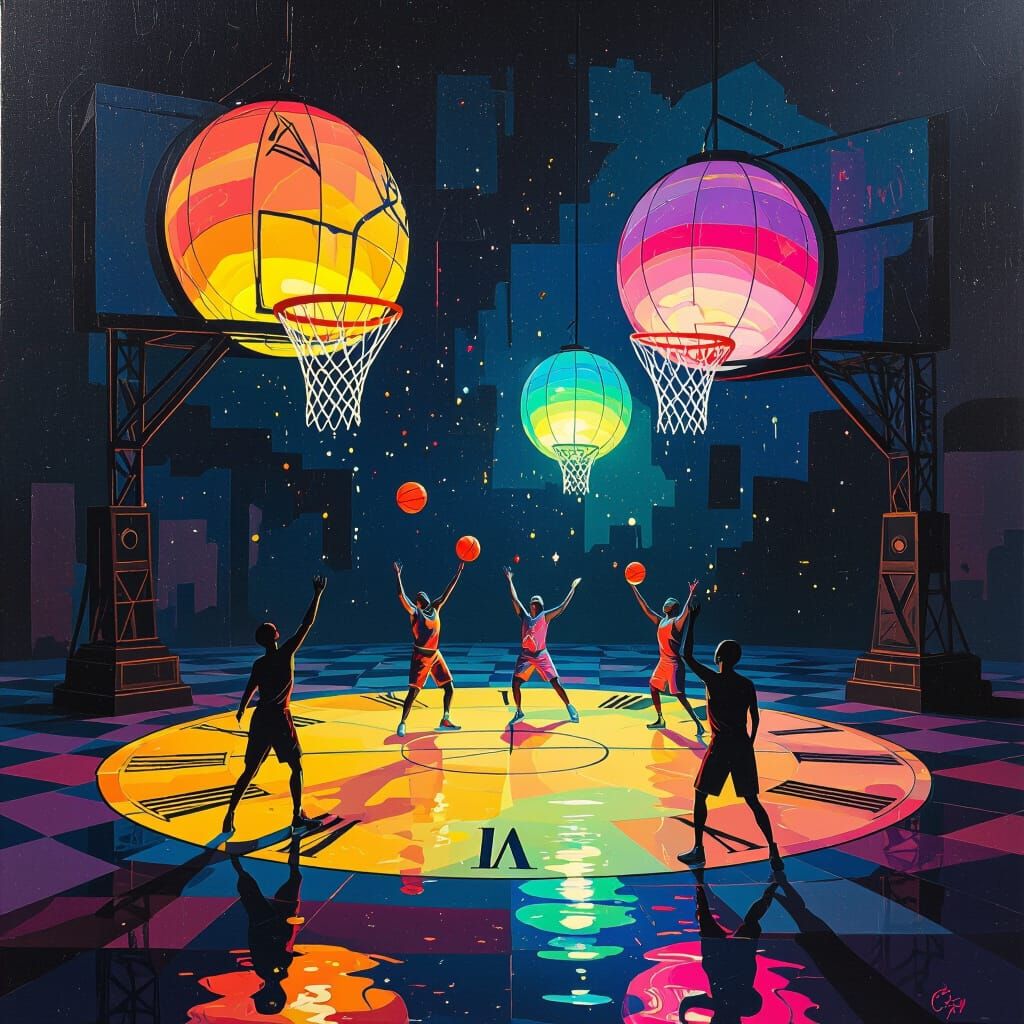 Surreal Basketball Game with Liquid Light Players