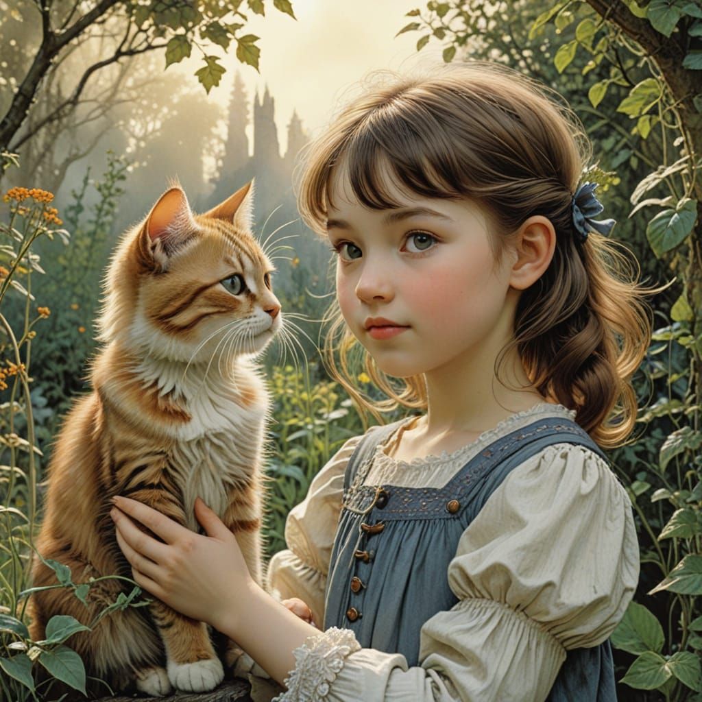 Whimsical Garden Scene with a Toddler and Her Feline Friend ...