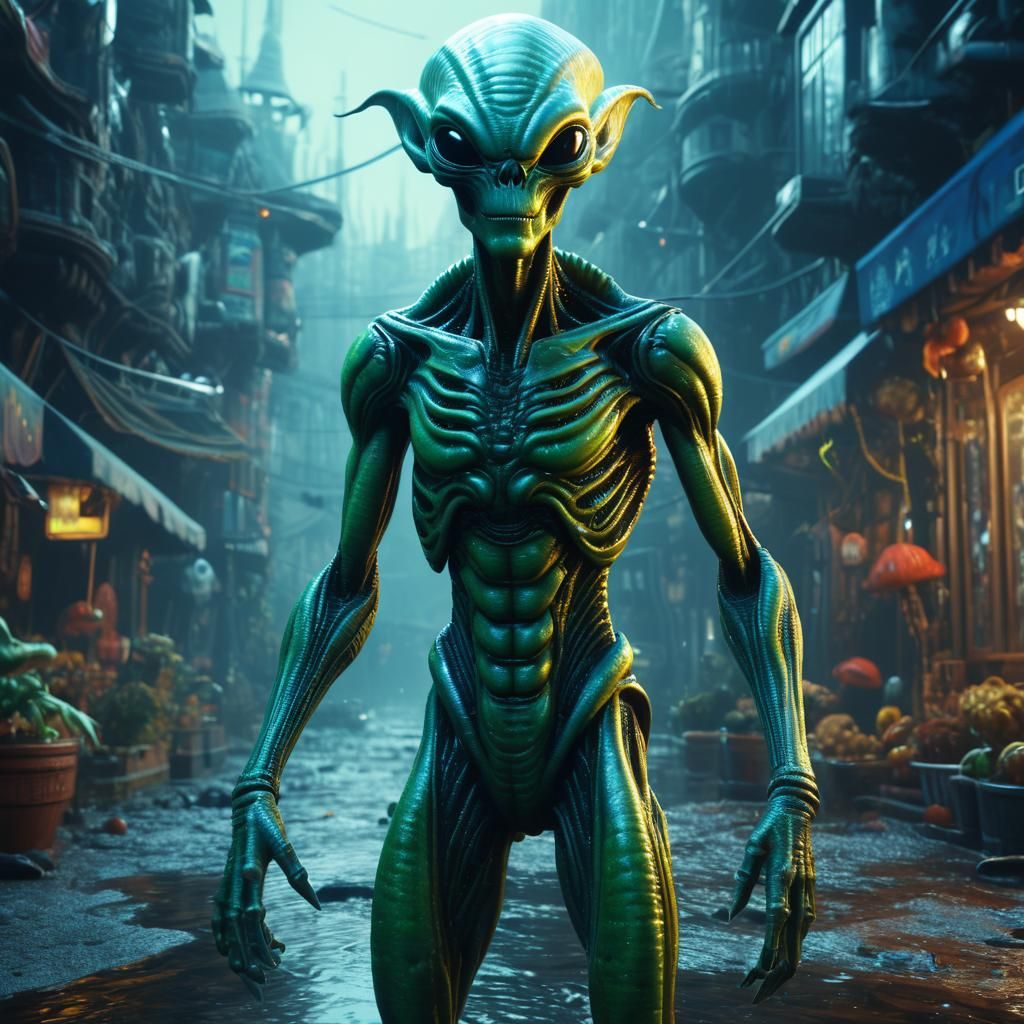 Realistic Alien in Everyday Scenarios: Detailed Matte Painti...