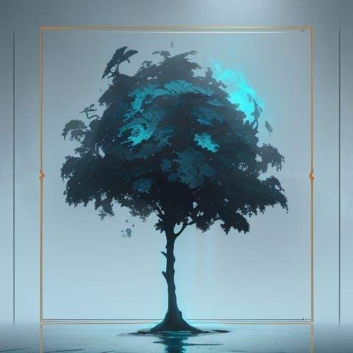 Blue Ink Splash Art in Style of Alphonse Mucha