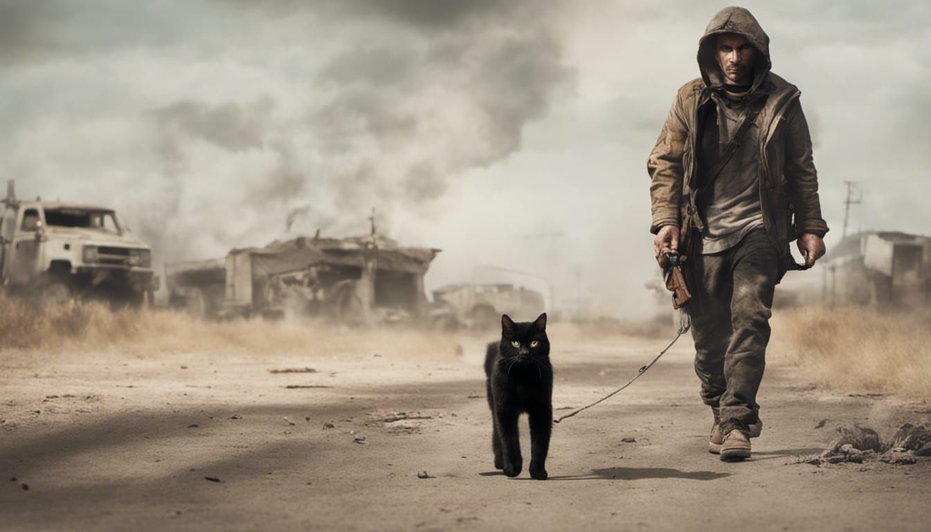 Post-Apocalyptic Man Walks with Cat Amidst Explosion